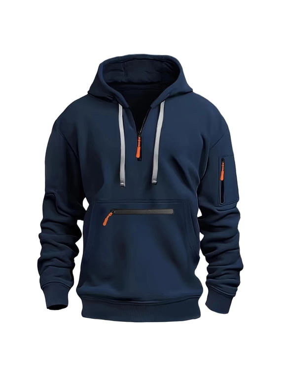 Mens Hoodie Half Zip Pullover Zipper Pockets Drawstring Hood Soft Long Sleeve Sports Work Sweatshirt