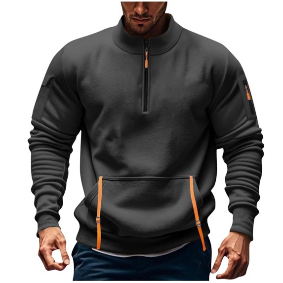 Admvng Mens Hoodies Solid Color Long Sleeved Stand Up Collar Pullover Sports Pocket Sweatshirt, Size S-3XL