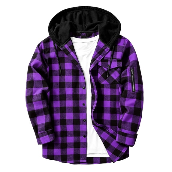 Admvng Mens Jacket Patchwork Plaid Long Sleeve Casual Daily Sports Hooded Outerwear
