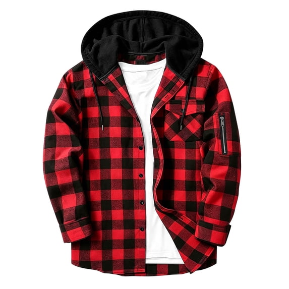 Admvng Mens Jacket Patchwork Plaid Long Sleeve Casual Daily Sports Hooded Outerwear
