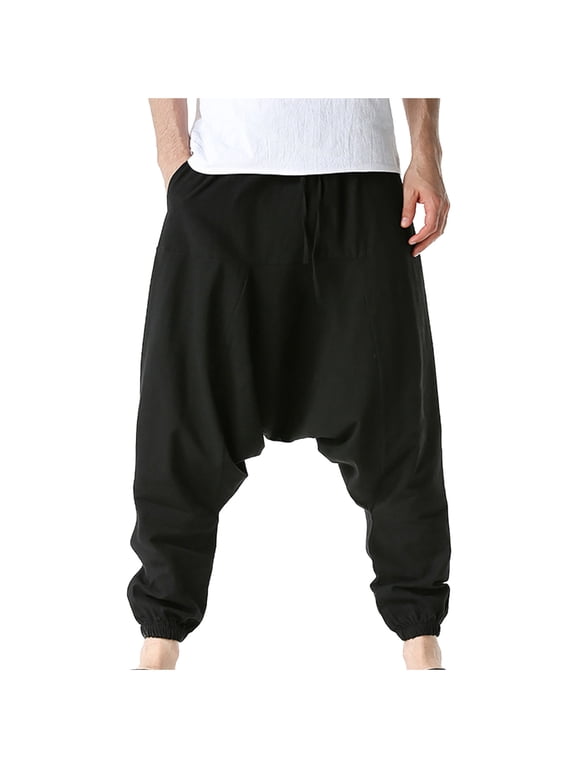 Mens Linen Harem Pants Drop Crotch Elastic Drawstring Waist Loose Fit Casual Baggy Streetwear Trousers