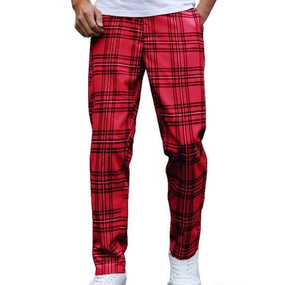 Admvng Mens Plaid Dress Pants Elastic Waist Straight Leg Casual Trousers with Side Pockets