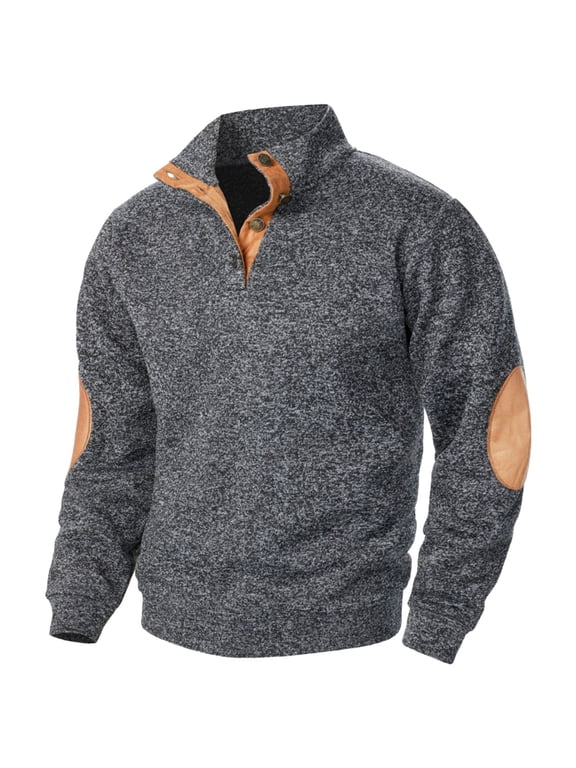 Mens Pullover Sweatshirt Elbow Patch Stand Collar Long Sleeve Vintage Casual Sweater Tops