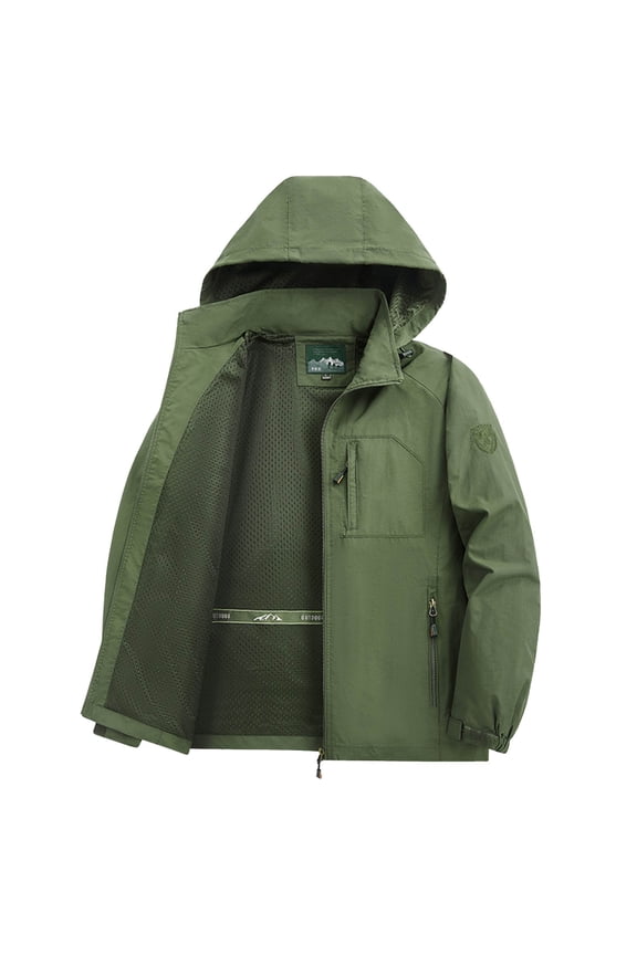 Mens Rain Jacket Casual Waterproof Solid Long Sleeves Zipper Hooded Outdoor Sports Jacket, Size M-5XL