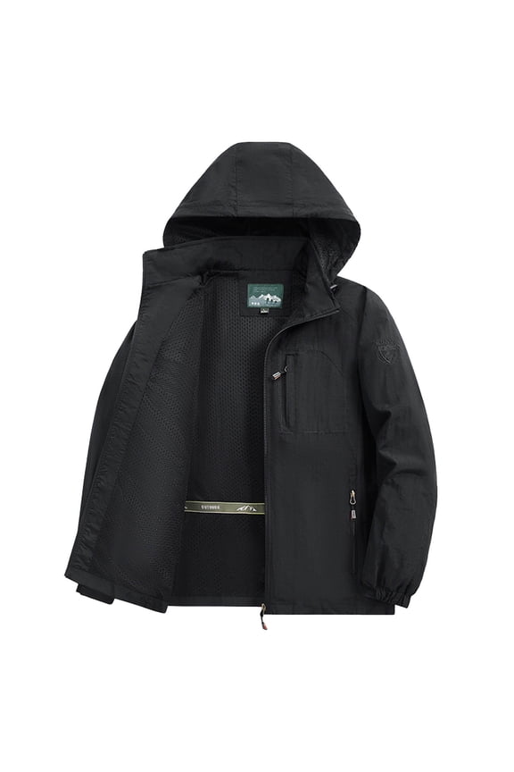 Mens Rain Jacket Casual Waterproof Solid Long Sleeves Zipper Hooded Outdoor Sports Jacket, Size M-5XL