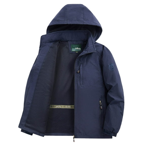 Admvng Mens Rain Jacket Casual Waterproof Solid Long Sleeves Zipper Hooded Outdoor Sports Jacket, Size M-5XL