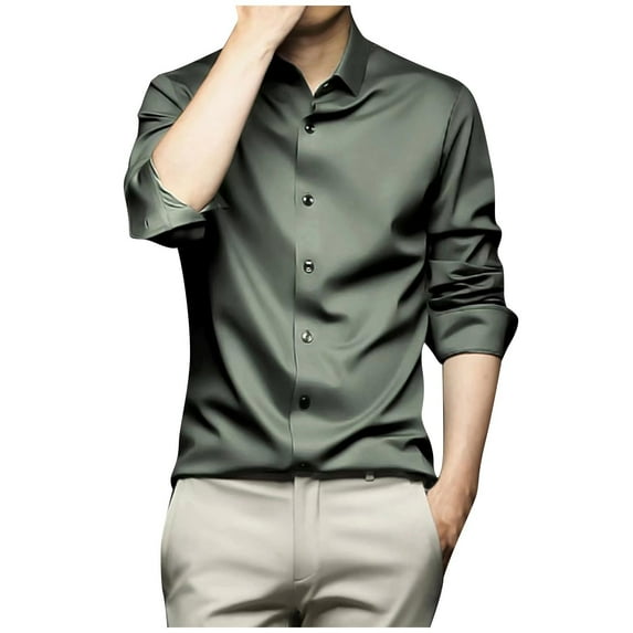 Admvng Mens Shirts Long-sleeved Shirt Turn-down Collar Solid Color Button Imitation Silk Shirt,Sizes M-6XL
