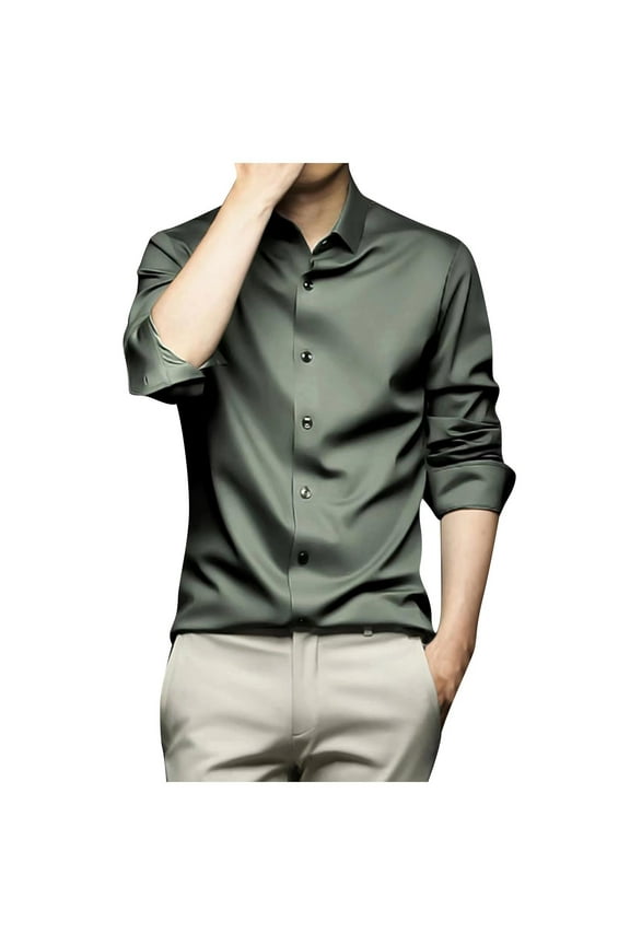 Admvng Mens Shirts Long-sleeved Shirt Turn-down Collar Solid Color Button Imitation Silk Shirt,Sizes M-6XL