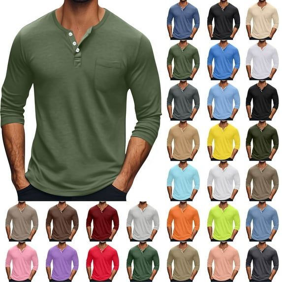 Admvng Mens Shirts Plus Size Tops Lightweight Round Neck Breathable Solid Color Long Sleeves Going Out Tops with Pocket S-5XL