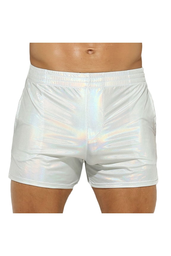 Mens Short Boxer Metallic Shiny Faux Leather Pocket Design Club Party Performance Underwear Shorts