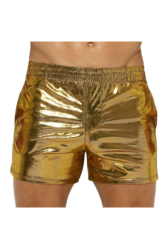 Mens Short Boxer Metallic Shiny Faux Leather Pocket Design Club Party Performance Underwear Shorts