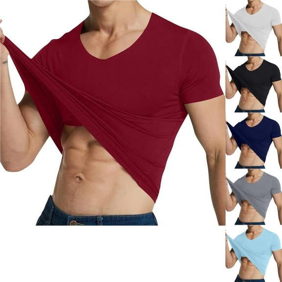 Admvng Mens Summer Shirts Solid Color V-Neck Pullover T-Shirt Fitness and Outdoor Seamless Stretch Tight Top M-5XL