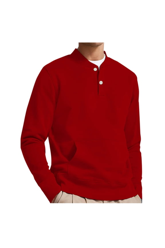 Mens Sweatshirt Oversized Solid Color Casual Button Pocket Sweatshirt Long Sleeve V-Neck, Size S-5XL
