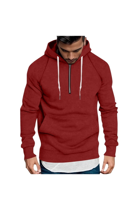 Mens Sweatshirt Solid-Color Pocket Hooded Drawstring Half-Zipper Top Pullover Sports Jacket, Size S-4XL