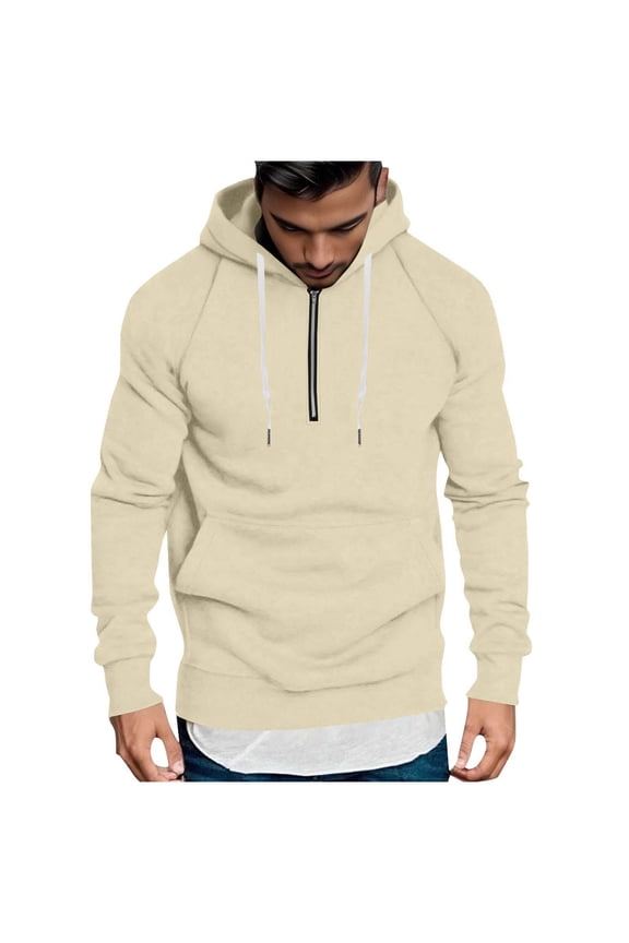 Mens Sweatshirt Solid-Color Pocket Hooded Drawstring Half-Zipper Top Pullover Sports Jacket, Size S-4XL