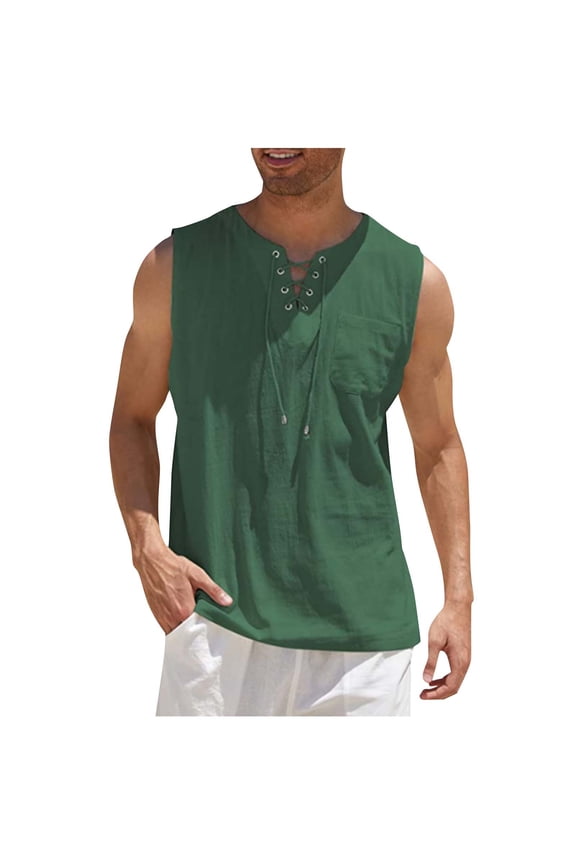 Mens Tank Top Solid-Color Fashionable Loose Casual Drawstring Pocket Sleeveless V-neck Tank Top S-5XL