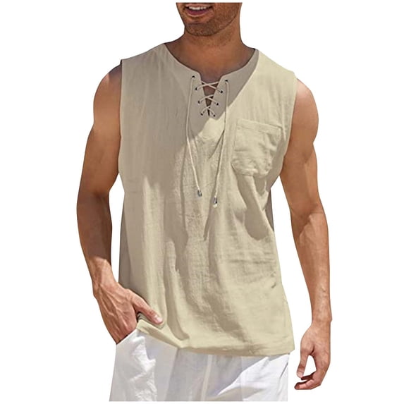 Admvng Mens Tank Top Solid-Color Fashionable Loose Casual Drawstring Pocket Sleeveless V-neck Tank Top S-5XL