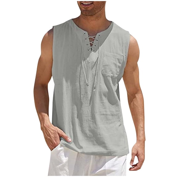 Admvng Mens Tank Top Solid-Color Fashionable Loose Casual Drawstring Pocket Sleeveless V-neck Tank Top S-5XL