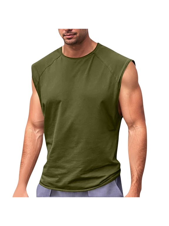 Mens Tank Top Vintage Solid Color Casual Fitness Sport Permeability Round Neck Tank S-3XL