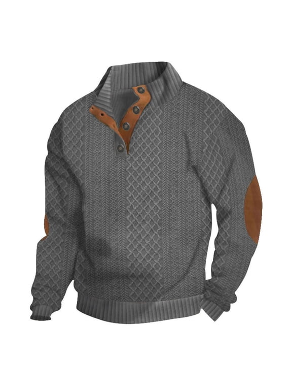 Mens Textured Sweater Elbow Patch Stand Collar Long Sleeve Casual Pullover Tops