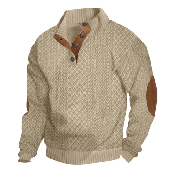 Admvng Mens Textured Sweater Elbow Patch Stand Collar Long Sleeve Casual Pullover Tops