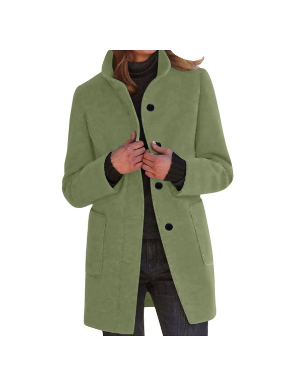 Mid Length Coat for Women Stand Collar Long Sleeve Pocket Slim Fit Fall Winter Business Casual Warm Midi Overcoat