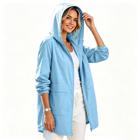 Admvng Mid-Length Jacket for Women Waterproof Hooded Rain Drawstring Hood Pocket Elastic Cuff Lightweight Outdoor Windbreaker Coat