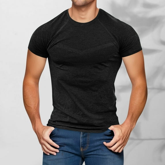 Admvng Muscle Shirts for Men Casual Fashion Solid Color Round Neck Short Sleeved Slim Fit Athletic Shirts S-3XL