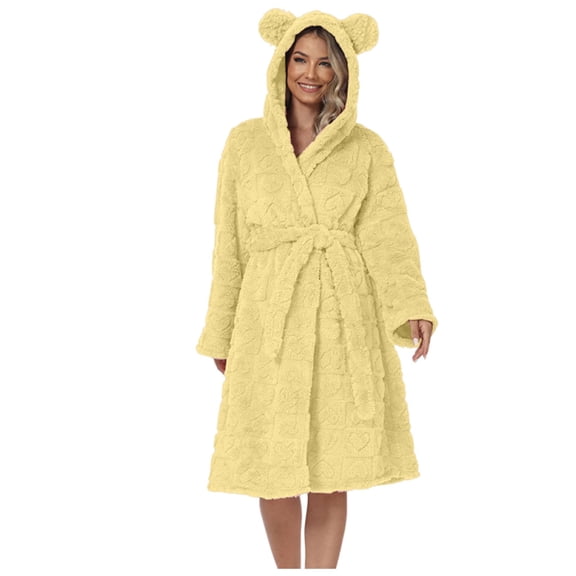 Admvng Nightgowns for Women Fleece Solid Casual Waist Tie Sleepwear Fall/Winter Long Sleeve Hooded Bathrobe, Size S-XL