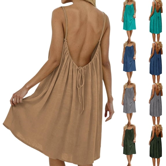 Admvng Nightgowns for Women Summer Round-Neck Casual Solid Sleeveless Sleepshirts Sling Backless Dress Plus Size Dresses S-3XL