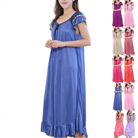 Admvng Nightgowns for Women V-neck Easy Solid Color Bow Fold Short Sleeve Ice Silk Long Sleepshirts L-2XL