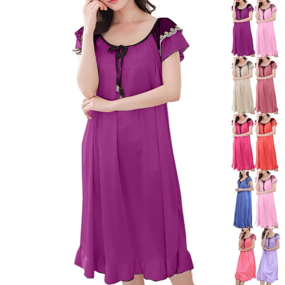 Admvng Nightgowns for Women V-neck Easy Solid Color Bow Fold Short Sleeve Ice Silk Long Sleepshirts L-2XL