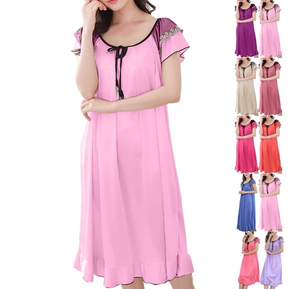 Admvng Nightgowns for Women V-neck Easy Solid Color Bow Fold Short Sleeve Ice Silk Long Sleepshirts L-2XL