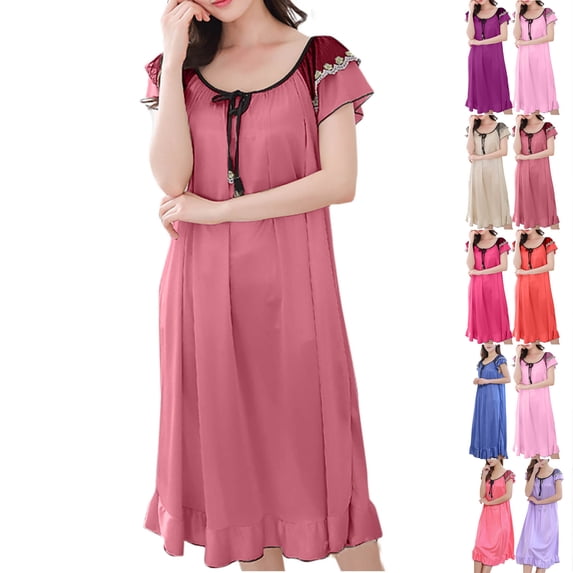 Admvng Nightgowns for Women V-neck Easy Solid Color Bow Fold Short Sleeve Ice Silk Long Sleepshirts L-2XL