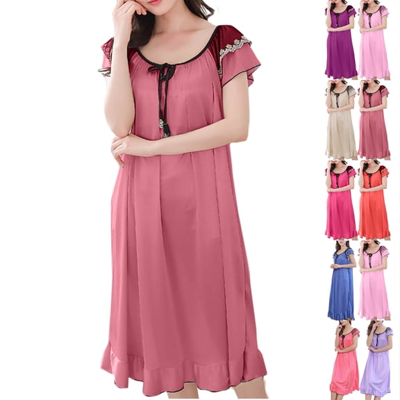 Admvng Nightgowns for Women V-neck Easy Solid Color Bow Fold Short Sleeve Ice Silk Long Sleepshirts L-2XL