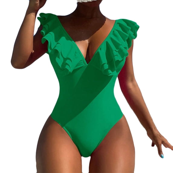 Admvng One Piece Swimsuit Women Tummy Control Ruffle Bathing Suit V Neck Ruched Swim Suit Slimming Swimwear S-XL