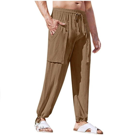 Admvng Pants for Men Plus Size Solid Color Casual Cotton and Linen Loose Drawstring Men's Pants with Pockets M-3XL