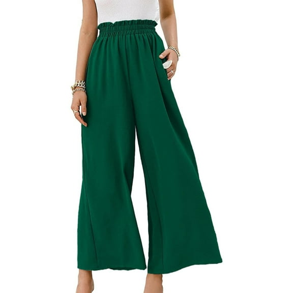 Admvng Pants for Women Casual Solid Linen Drawstring Elastic Waist Long Wide Leg Pants S-2XL