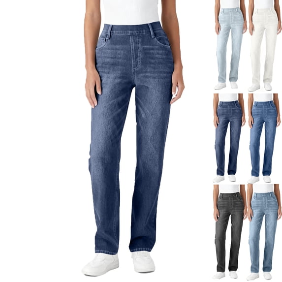 Admvng Pants for Women Solid Color Elastic Waist False Jeans Length Pants with Pockets S-2XL