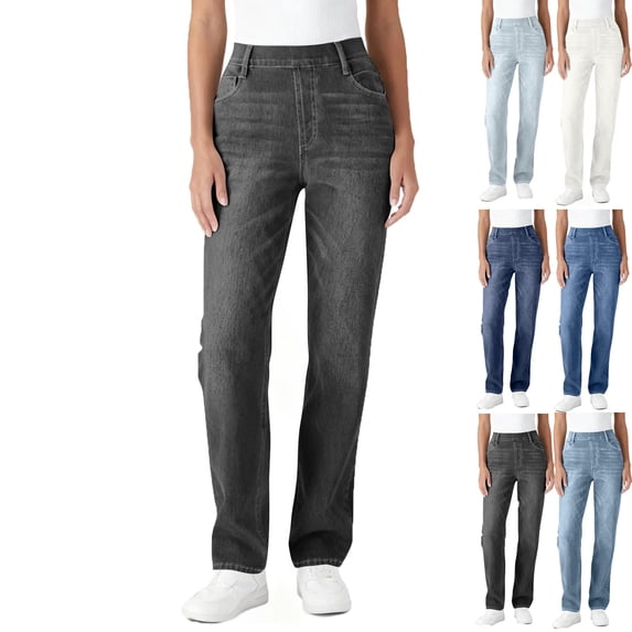 Admvng Pants for Women Solid Color Elastic Waist False Jeans Length Pants with Pockets S-2XL