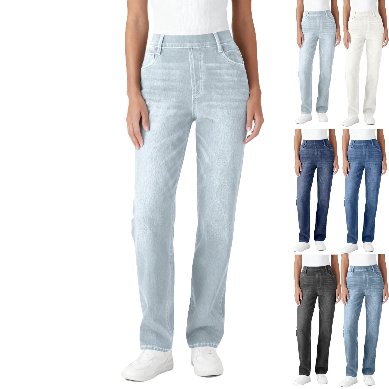 Admvng Pants for Women Solid Color Elastic Waist False Jeans