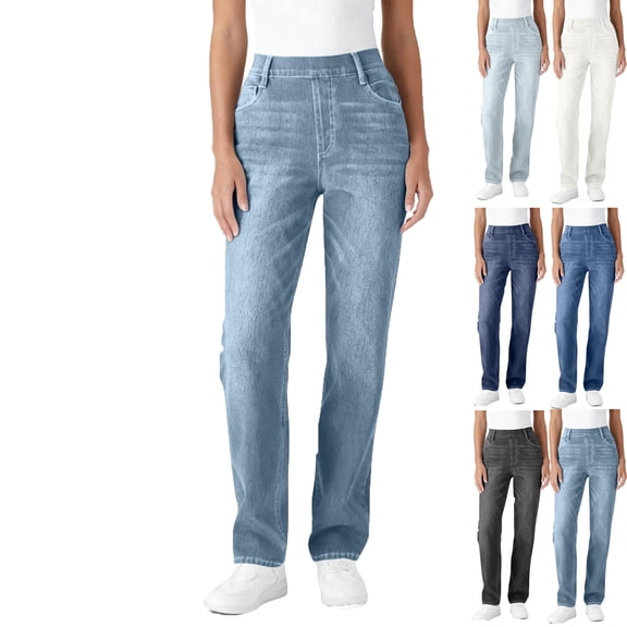 Admvng Pants for Women Solid Color Elastic Waist False Jeans Length Pants with Pockets S-2XL