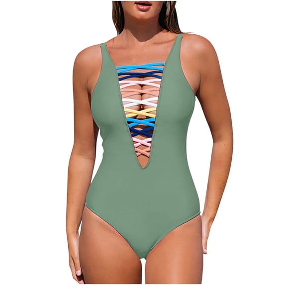 Admvng Plus Size Swimsuit For Women Deep V Neck Crisscross Lace Up One Piece Swimsuit High Cut Tummy Control Bathing Suit S-XL