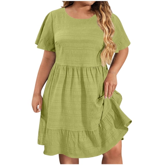 Admvng Plus Size Womens Textured Tiered Dresses Round Neck Short Sleeve Casual Flowy Summer Dress