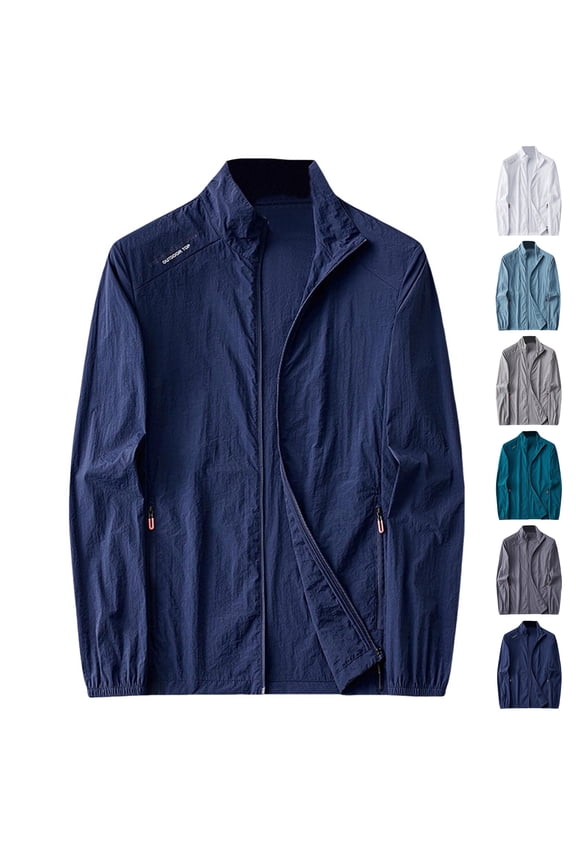 Rain Jacket Men Solid Color Zipper Outdoor Sunscreen Climb Sport Run Long Sleeved Windbreaker Outwear for Golf Hiking Travel with Pocket M-5XL