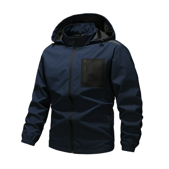 Admvng Rain Coats for Men Color Blocked Long Sleeved Detachable Hooded Zipper Cardigan Outdoor Waterproof Workwear Jacket, Size S-2XL
