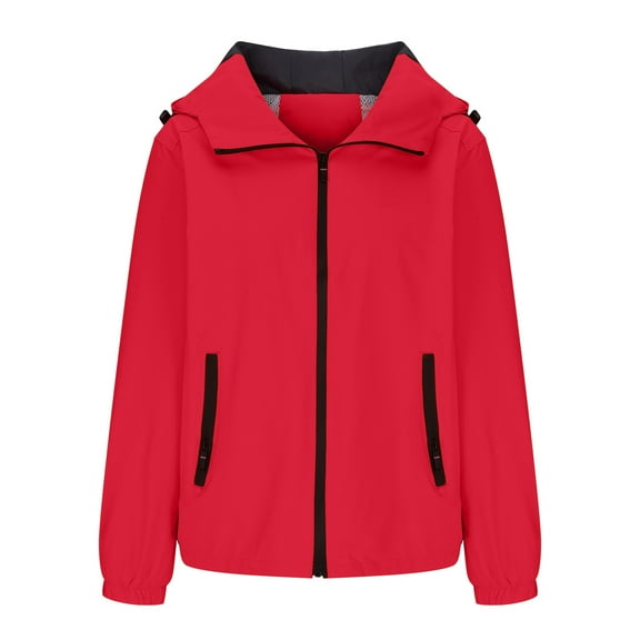 Admvng Rain Jacket Women Plus Size Comfortable Casual Color Block Drawstring Pocket Hooded Casual Outwear Jackets M-5XL