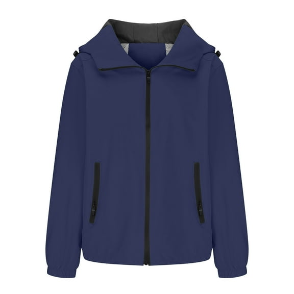 Admvng Rain Jacket Women Plus Size Comfortable Casual Color Block Drawstring Pocket Hooded Casual Outwear Jackets M-5XL