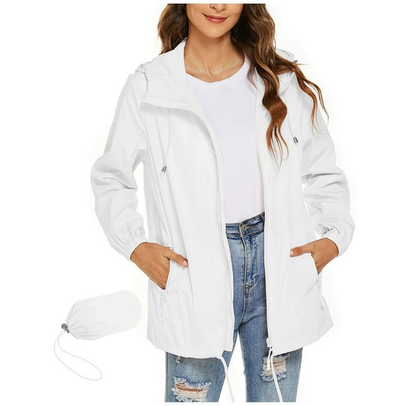 Admvng Rain Jacket Women Waterproof Lightweight Running Zipper Hooded Raincoat Jacket with Pockets S-2XL