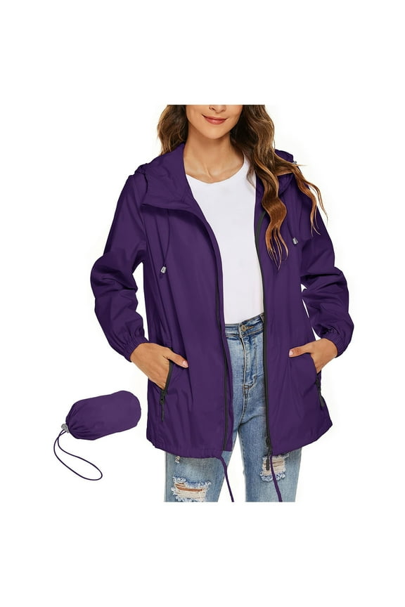 Rain Jacket Women Waterproof Lightweight Running Zipper Hooded Raincoat Jacket with Pockets S-2XL